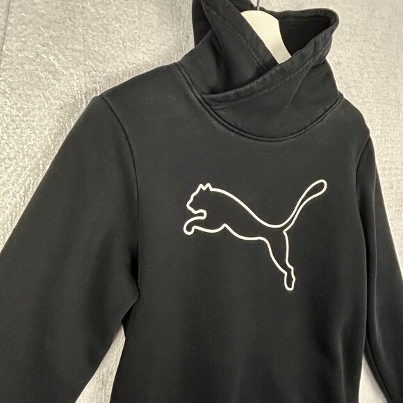 Puma Sweatshirt Women Medium Black Asymmetrical Cowl Neck Fleece Logo Pullover - Picture 3 of 13